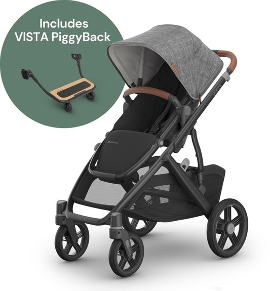 UPPAbaby Vista V3 Single-to-Double Stroller + PiggyBack Ride-Along Bundle - Greyson