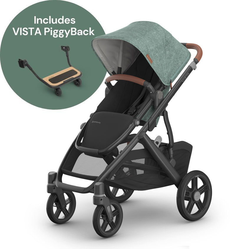 UPPAbaby Vista V3 Single-to-Double Stroller + PiggyBack Ride-Along Bundle - Gwen