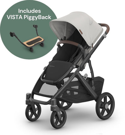 UPPAbaby Vista V3 Single-to-Double Stroller + PiggyBack Ride-Along Bundle - Savannah