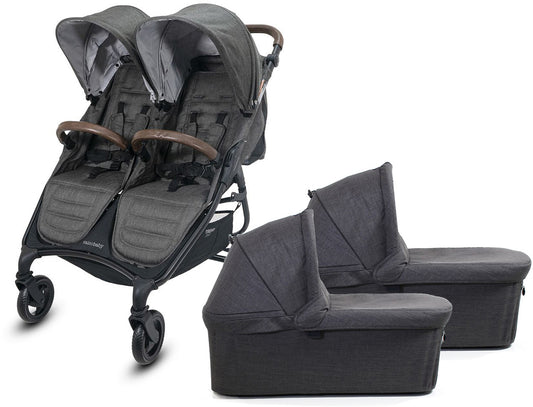 Valco Snap Duo Trend Twin Side by Side Double Stroller + Bassinet Bundle - Charcoal / Charcoal