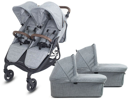 Valco Snap Duo Trend Twin Side by Side Double Stroller + Bassinet Bundle - Grey Marle / Grey Marle