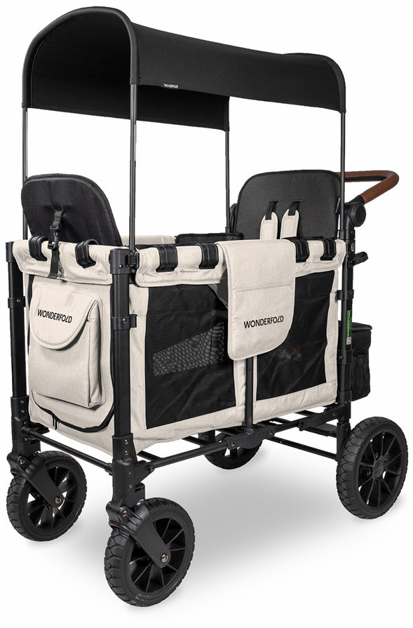 Wonderfold OPEN BOX W2 Luxe Multifunctional Double (2 seater) Stroller Wagon - Sandy Beige / Black Canopy (Albee Exclusive)