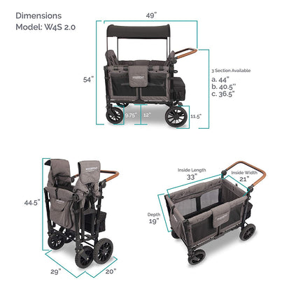 WonderFold W4 Luxe Multifunctional Quad (4 Seater) Stroller Wagon - Charcoal Gray/Black Frame