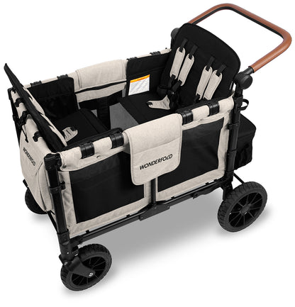 WonderFold W4 Luxe Multifunctional Quad (4 Seater) Stroller Wagon - Sandy Beige / Black Canopy (Albee Exclusive)