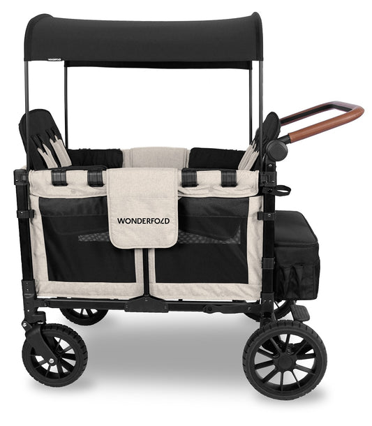 WonderFold W4 Luxe Multifunctional Quad (4 Seater) Stroller Wagon - Sandy Beige / Black Canopy (Albee Exclusive)