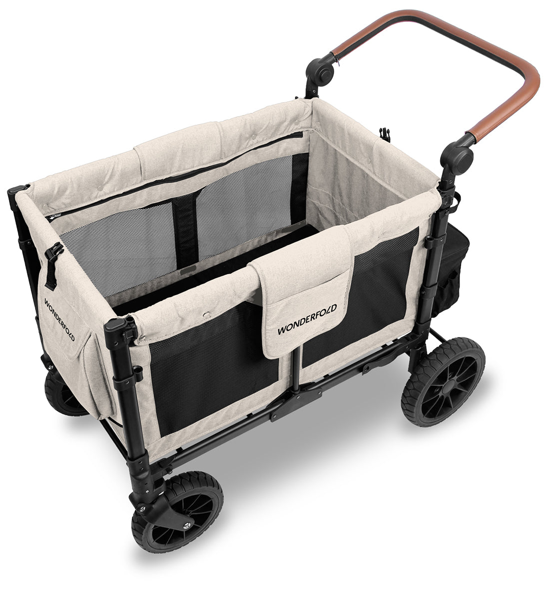 WonderFold W4 Luxe Multifunctional Quad (4 Seater) Stroller Wagon - Sandy Beige / Black Canopy (Albee Exclusive)