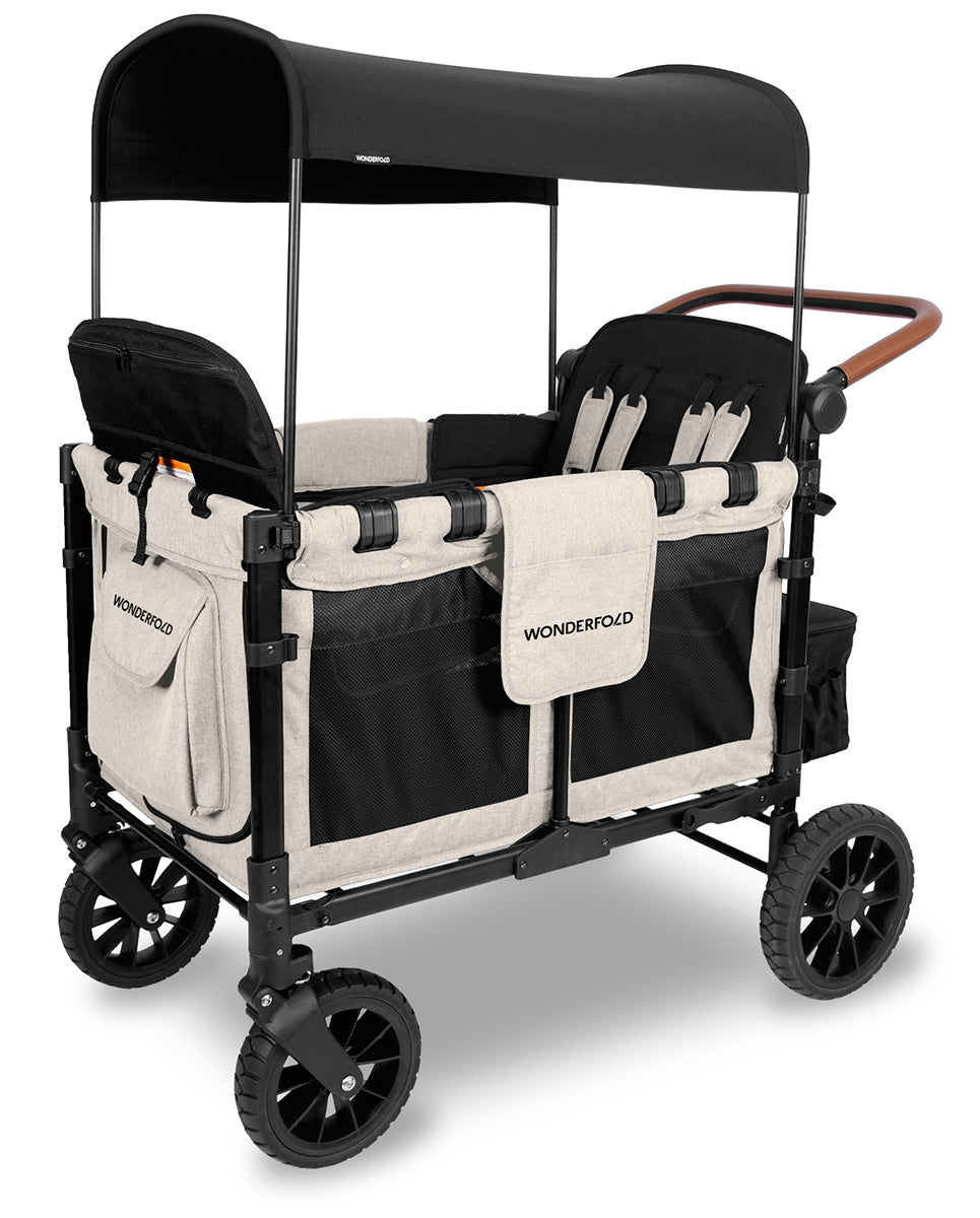 WonderFold W4 Luxe Multifunctional Quad (4 Seater) Stroller Wagon - Sandy Beige / Black Canopy (Albee Exclusive)