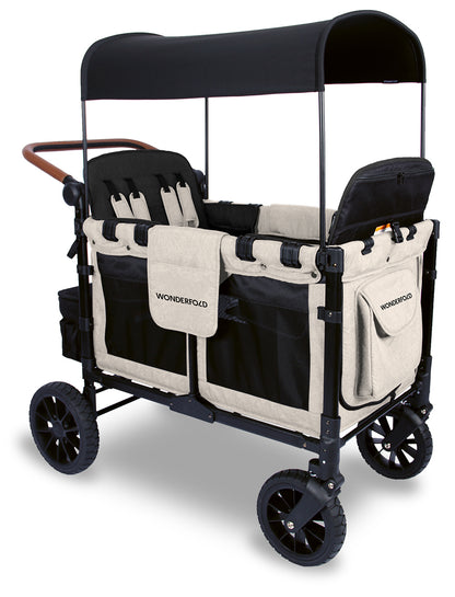 WonderFold W4 Luxe Multifunctional Quad (4 Seater) Stroller Wagon - Sandy Beige / Black Canopy (Albee Exclusive)