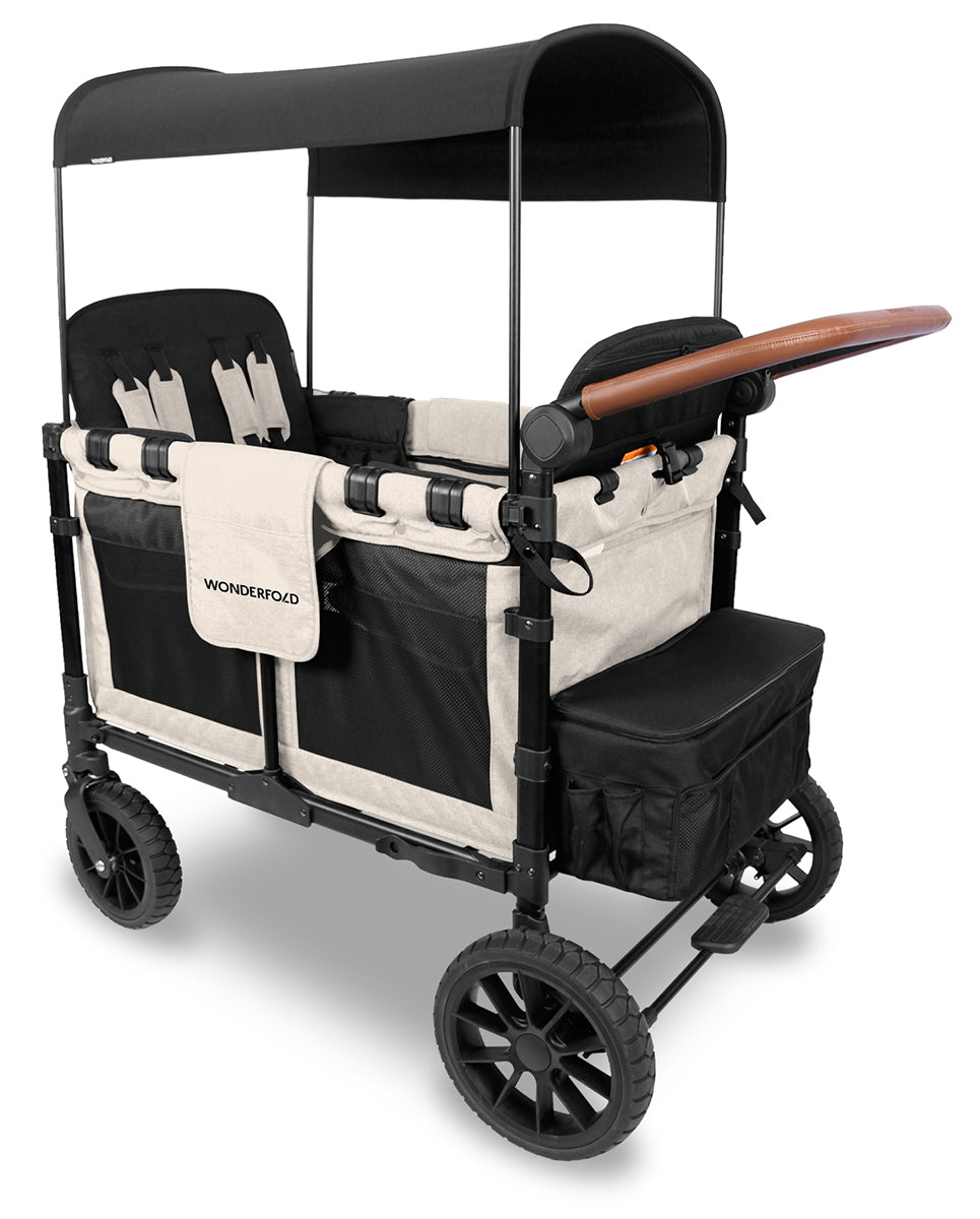 WonderFold W4 Luxe Multifunctional Quad (4 Seater) Stroller Wagon - Sandy Beige / Black Canopy (Albee Exclusive)