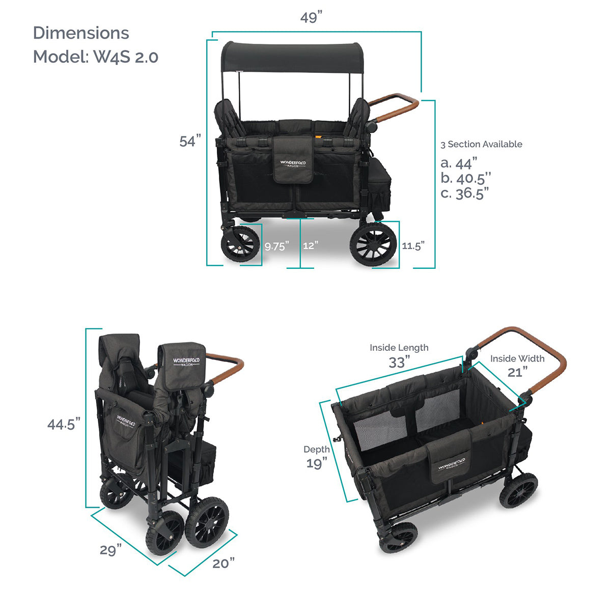 WonderFold W4 Luxe Multifunctional Quad (4 Seater) Stroller Wagon - Volcanic Black