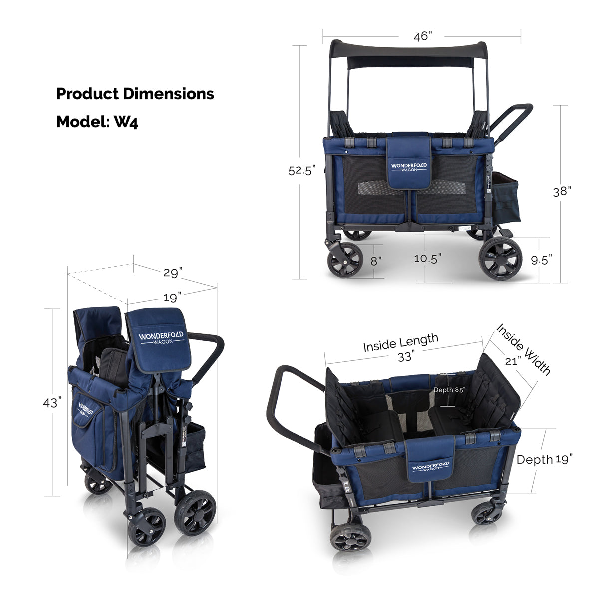 WonderFold W4 Original Quad (4 Seater) Stroller Wagon - Navy